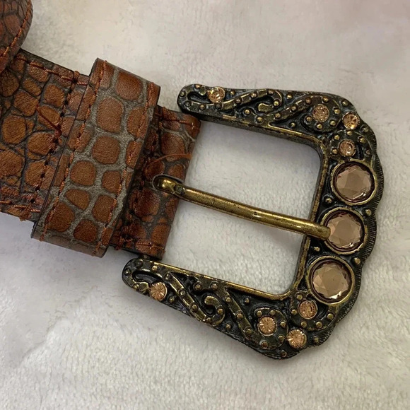 BERGE Croc Embossed Belt Leather Brown Embellished Buckle, Size Small - Picture 3 of 15